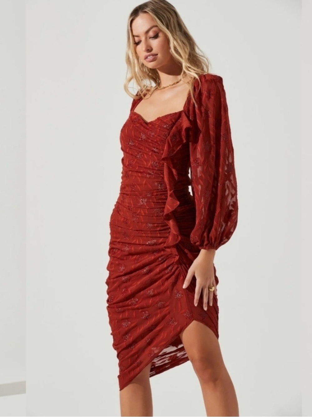 ASTR - Athens Ruched Puff Sleeve Burnout Midi Dress